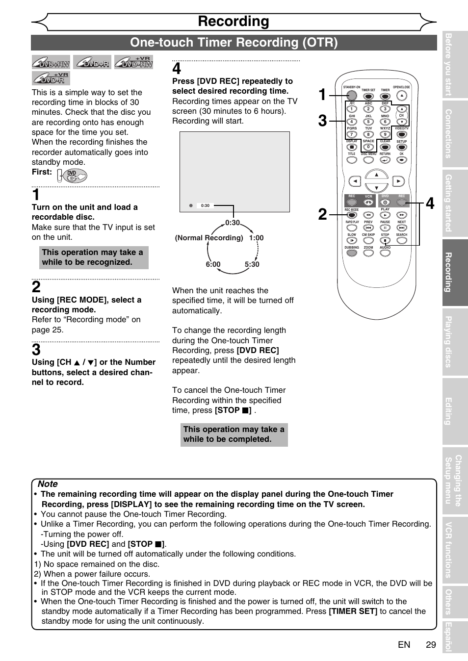Recording, One-touch timer recording (otr) | FUNAI SV2000 WV20V6 User Manual | Page 29 / 90