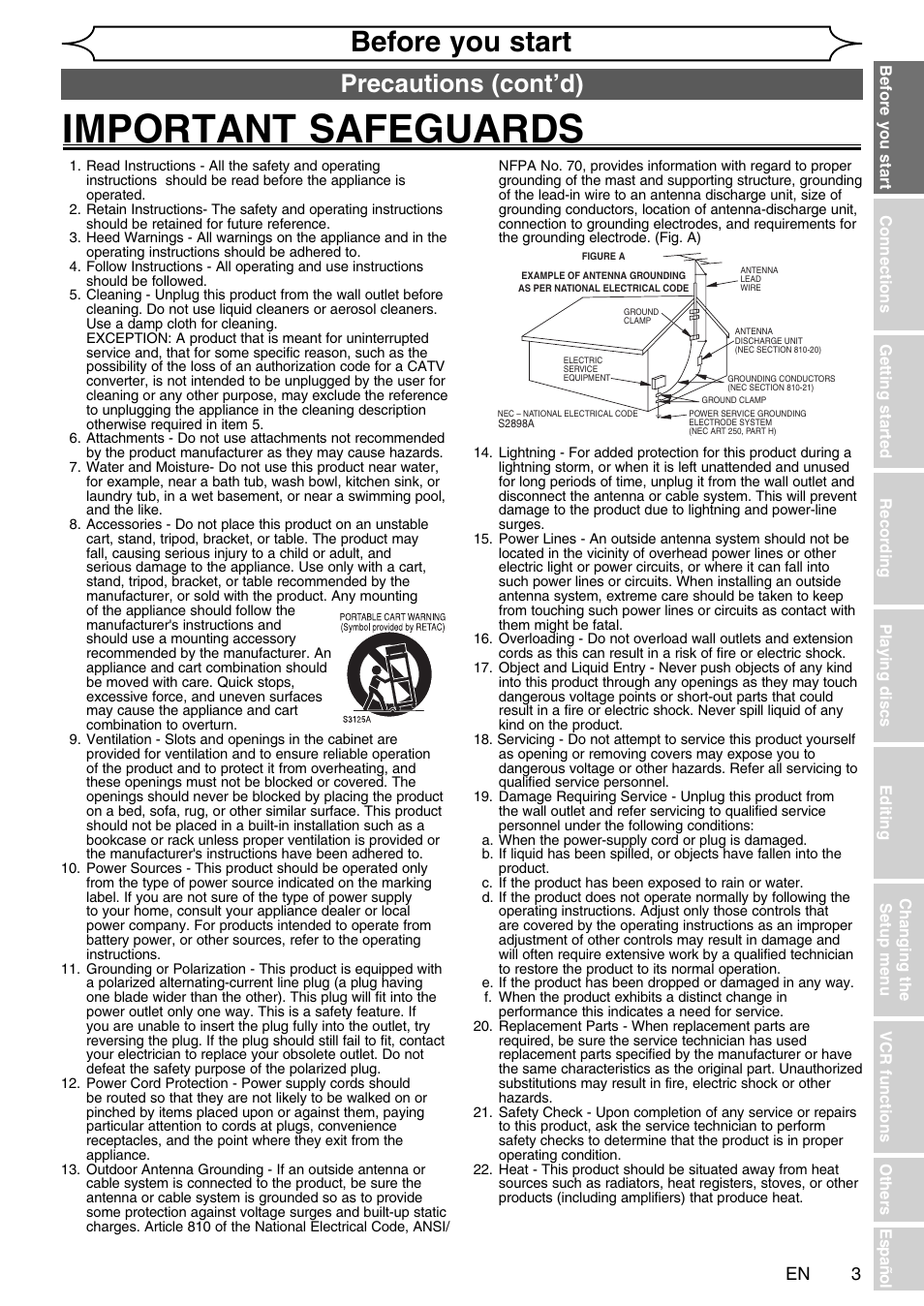 Important safeguards, Before you start, Precautions (cont’d) | FUNAI SV2000 WV20V6 User Manual | Page 3 / 90