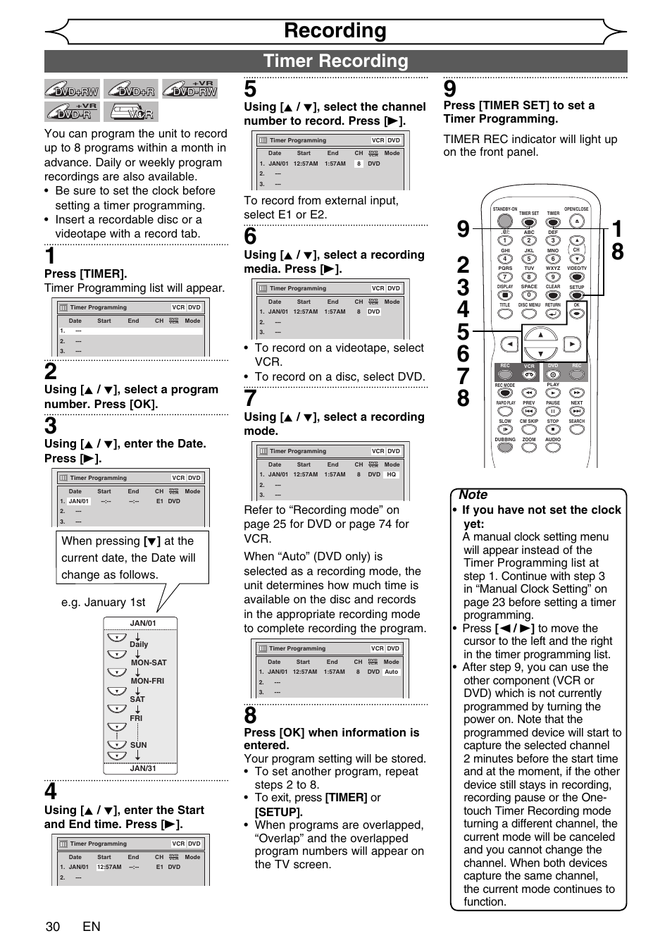 Recording, Timer recording, 30 en | Press [timer]. timer programming list will appear, Using [ k / l ], enter the date. press [ b, Using [ k / l ], select a recording mode | FUNAI SV2000 WV20V6 User Manual | Page 30 / 90