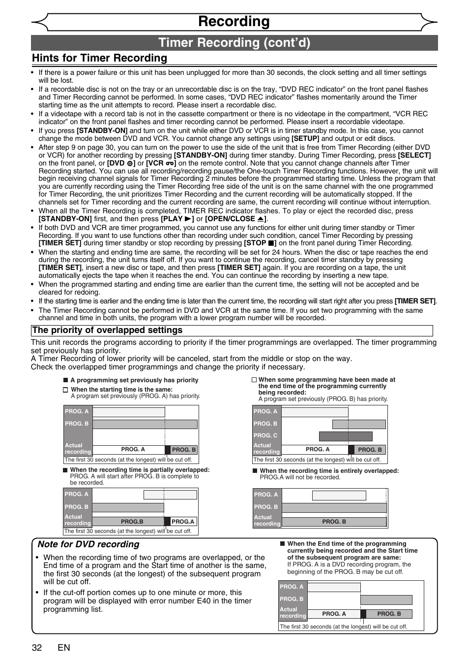 Recording, Timer recording (cont’d), Hints for timer recording | 32 en, The priority of overlapped settings | FUNAI SV2000 WV20V6 User Manual | Page 32 / 90