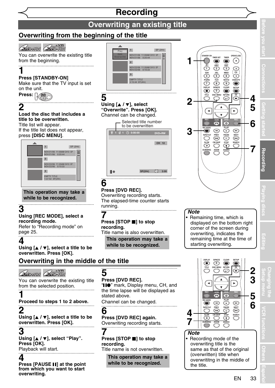 Recording, Overwriting an existing title, Overwriting from the beginning of the title | Overwriting in the middle of the title | FUNAI SV2000 WV20V6 User Manual | Page 33 / 90
