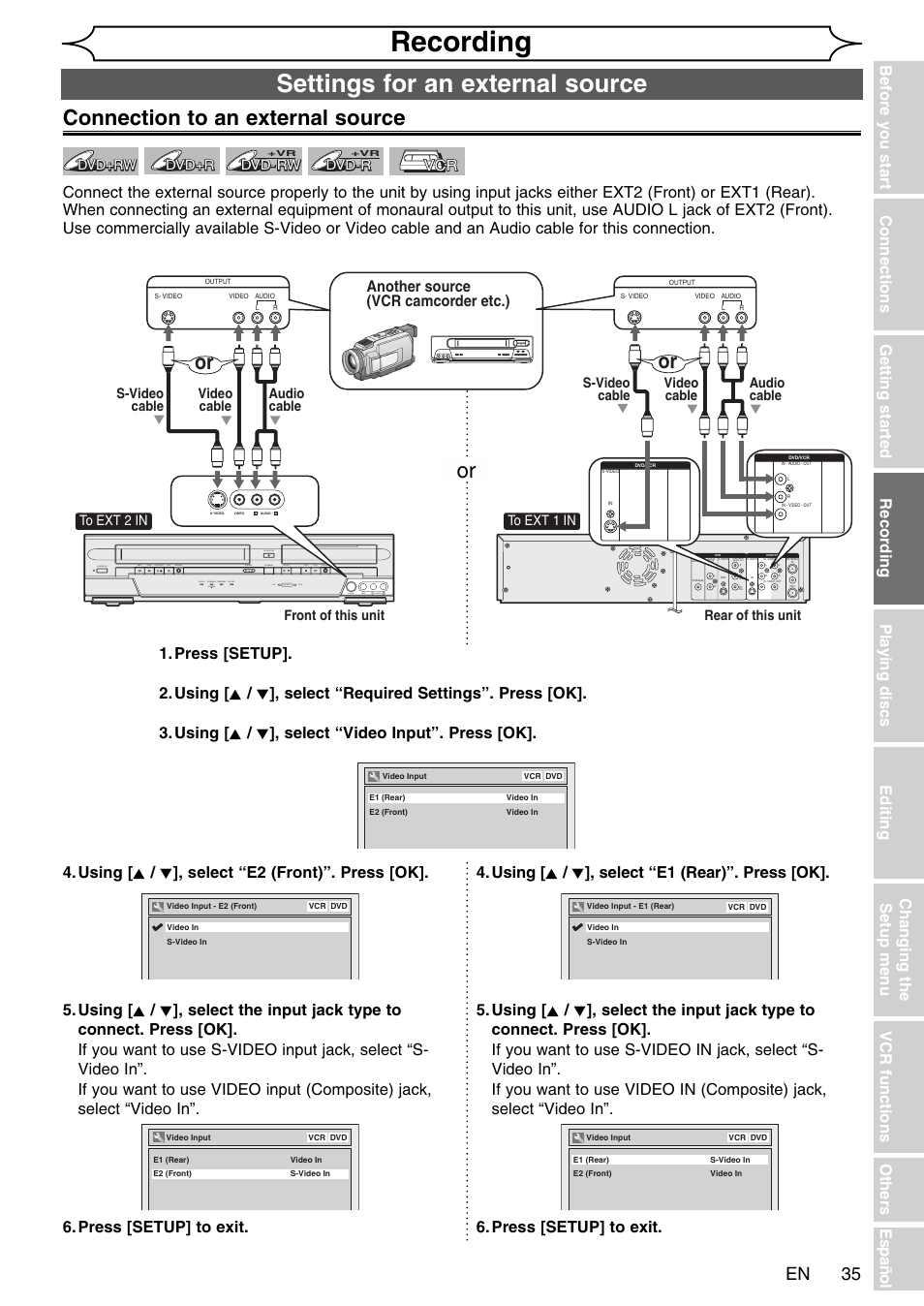 Recording, Settings for an external source, Connection to an external source | Another source (vcr camcorder etc.) | FUNAI SV2000 WV20V6 User Manual | Page 35 / 90