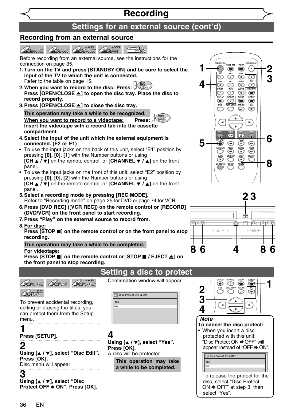 Recording, Setting a disc to protect, Settings for an external source (cont’d) | Recording from an external source, 36 en | FUNAI SV2000 WV20V6 User Manual | Page 36 / 90