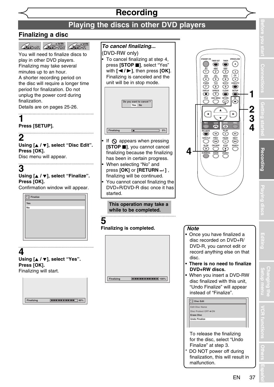 Recording, Playing the discs in other dvd players, Finalizing a disc | FUNAI SV2000 WV20V6 User Manual | Page 37 / 90