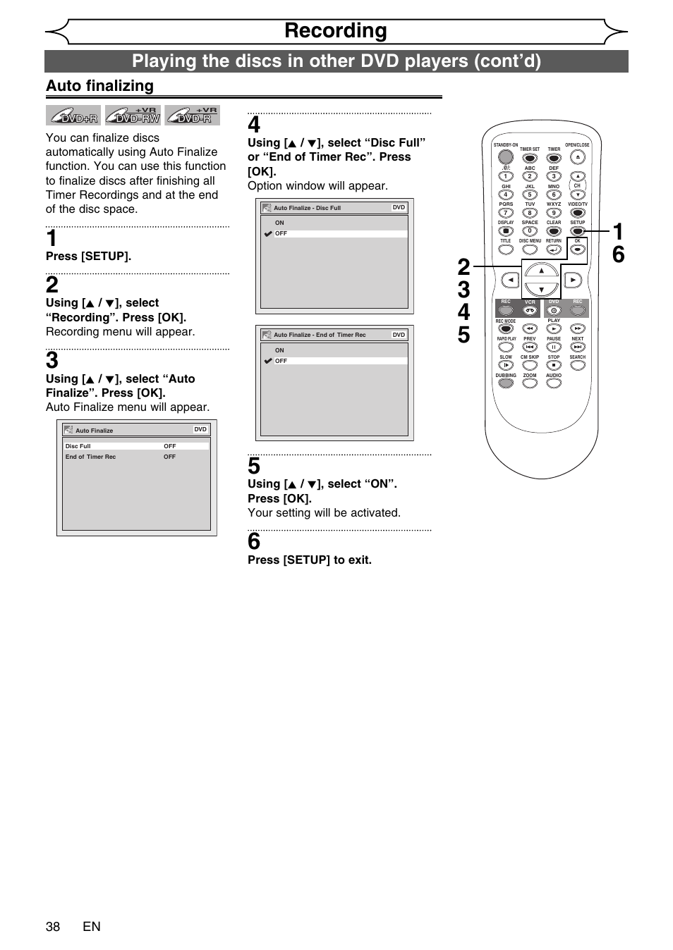 Recording, Playing the discs in other dvd players (cont’d), Auto finalizing | 38 en, Press [setup, Press [setup] to exit | FUNAI SV2000 WV20V6 User Manual | Page 38 / 90