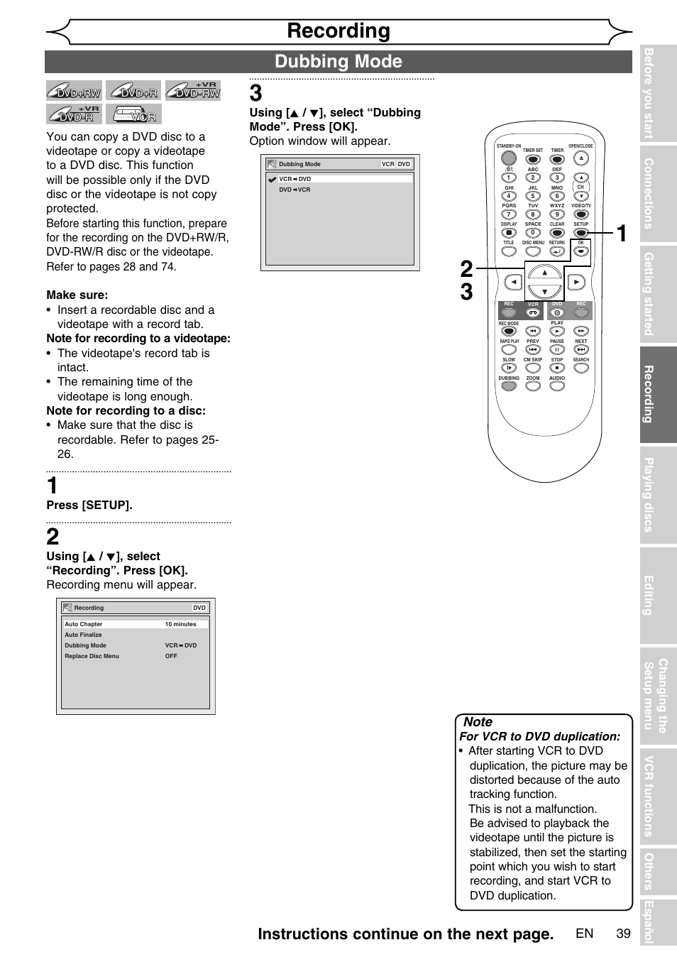 Recording, Dubbing mode, Instructions continue on the next page | For vcr to dvd duplication, Press [setup | FUNAI SV2000 WV20V6 User Manual | Page 39 / 90