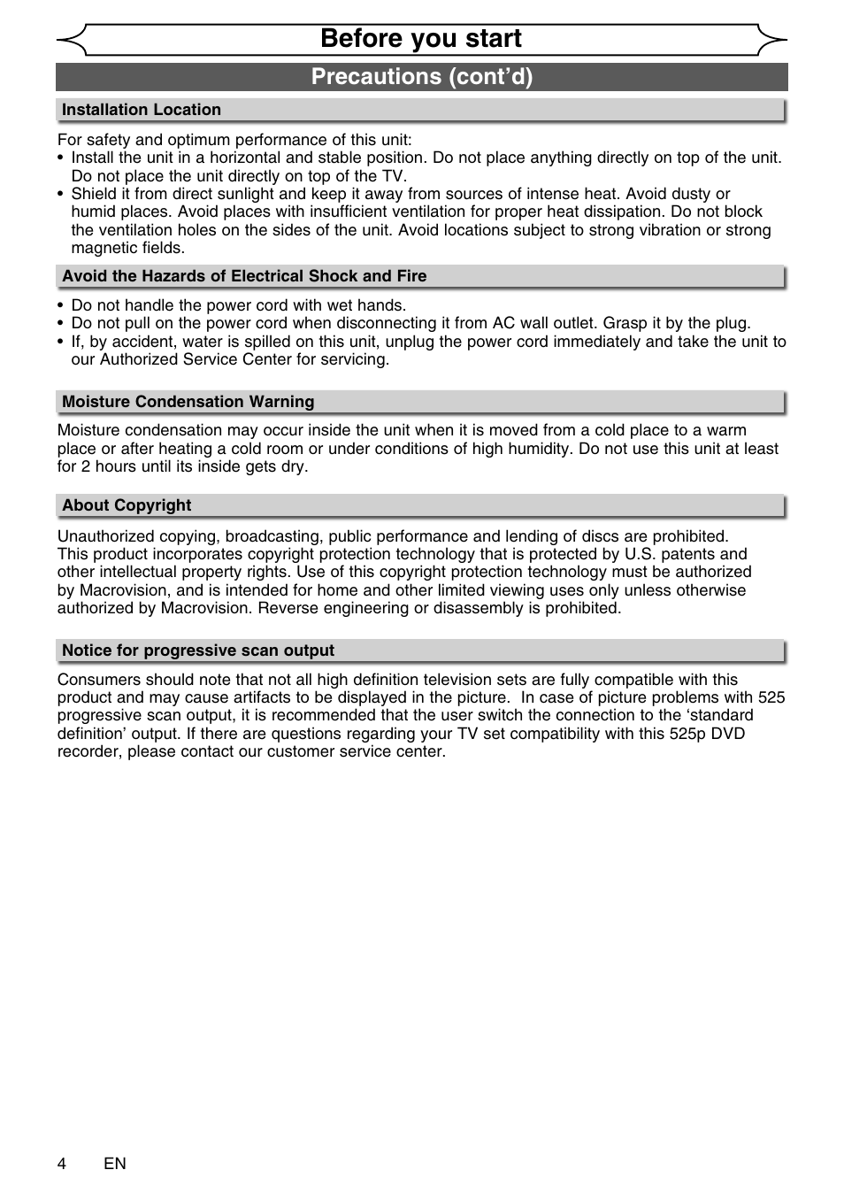 Before you start, Precautions (cont’d) | FUNAI SV2000 WV20V6 User Manual | Page 4 / 90