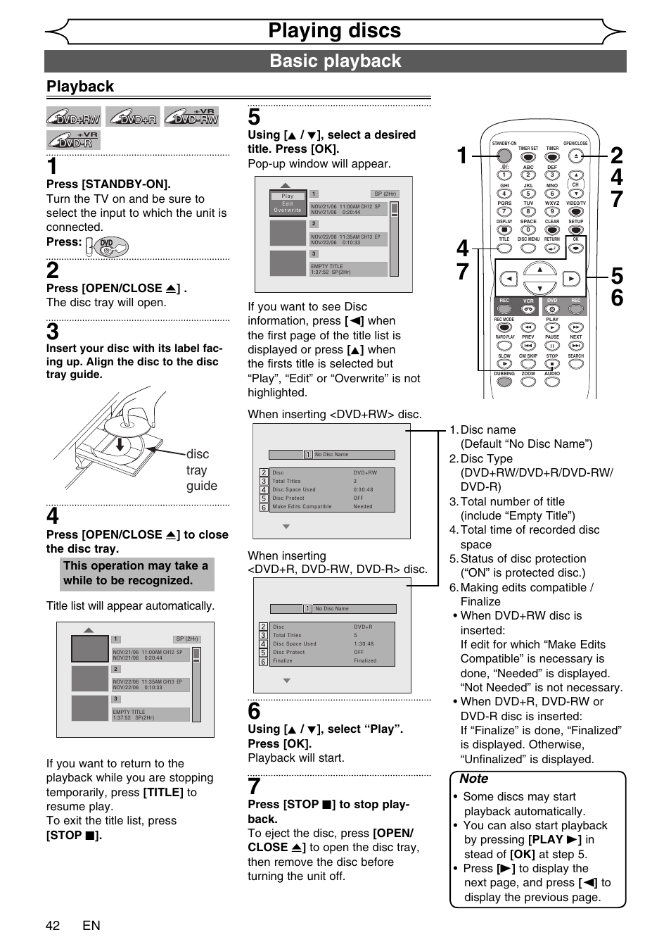 Playing discs, Basic playback, Playback | 42 en, Disc tray guide, Press [open/close a ] . the disc tray will open, This operation may take a while to be recognized | FUNAI SV2000 WV20V6 User Manual | Page 42 / 90