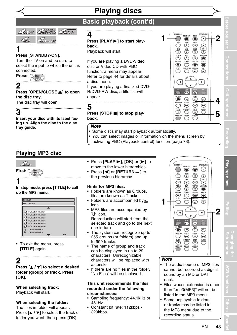 Playing discs, Basic playback (cont’d), Playing mp3 disc | Press [stop c ] to stop play- back, First | FUNAI SV2000 WV20V6 User Manual | Page 43 / 90