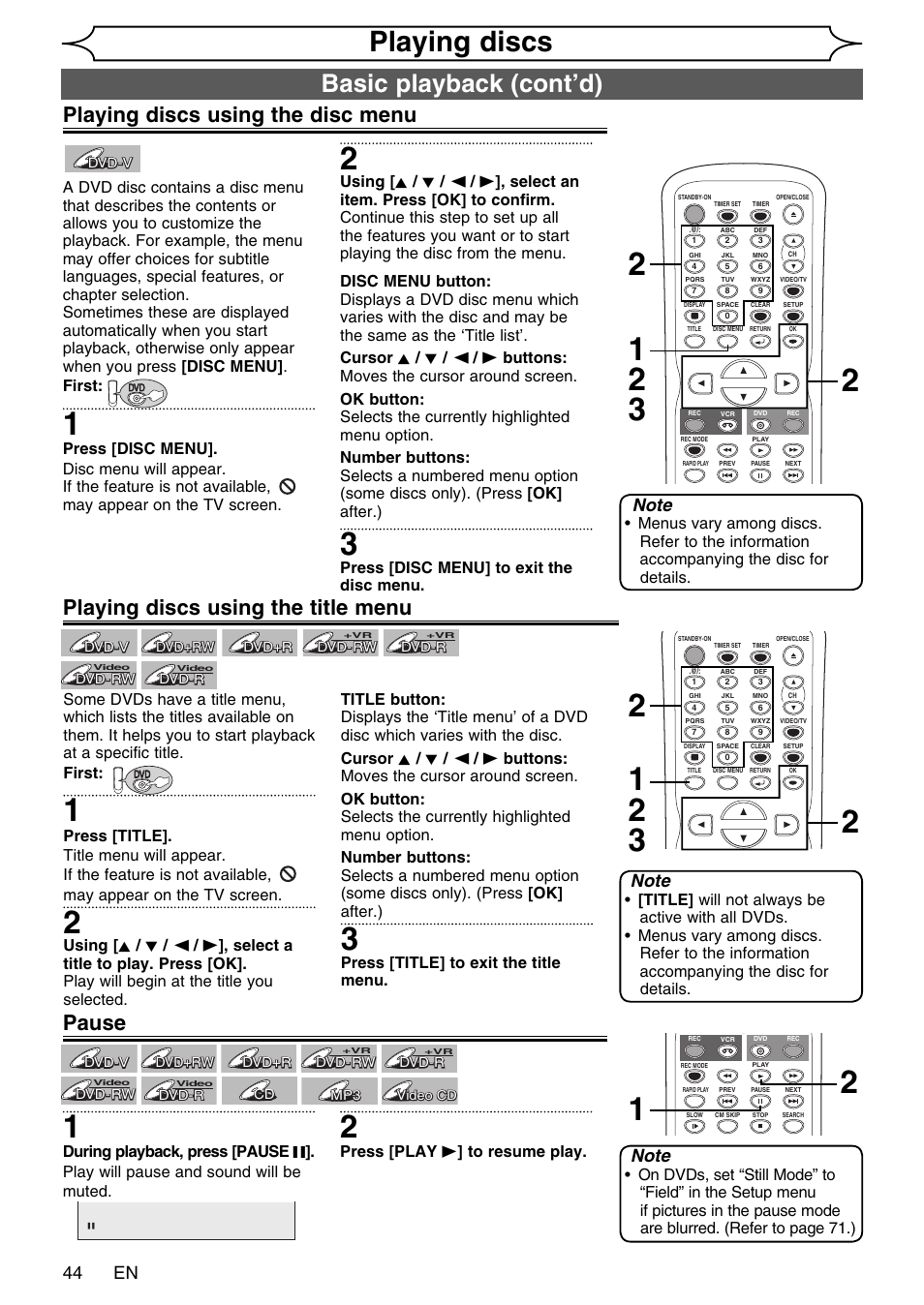 Playing discs, Basic playback (cont’d), Playing discs using the disc menu | Playing discs using the title menu pause, 44 en | FUNAI SV2000 WV20V6 User Manual | Page 44 / 90