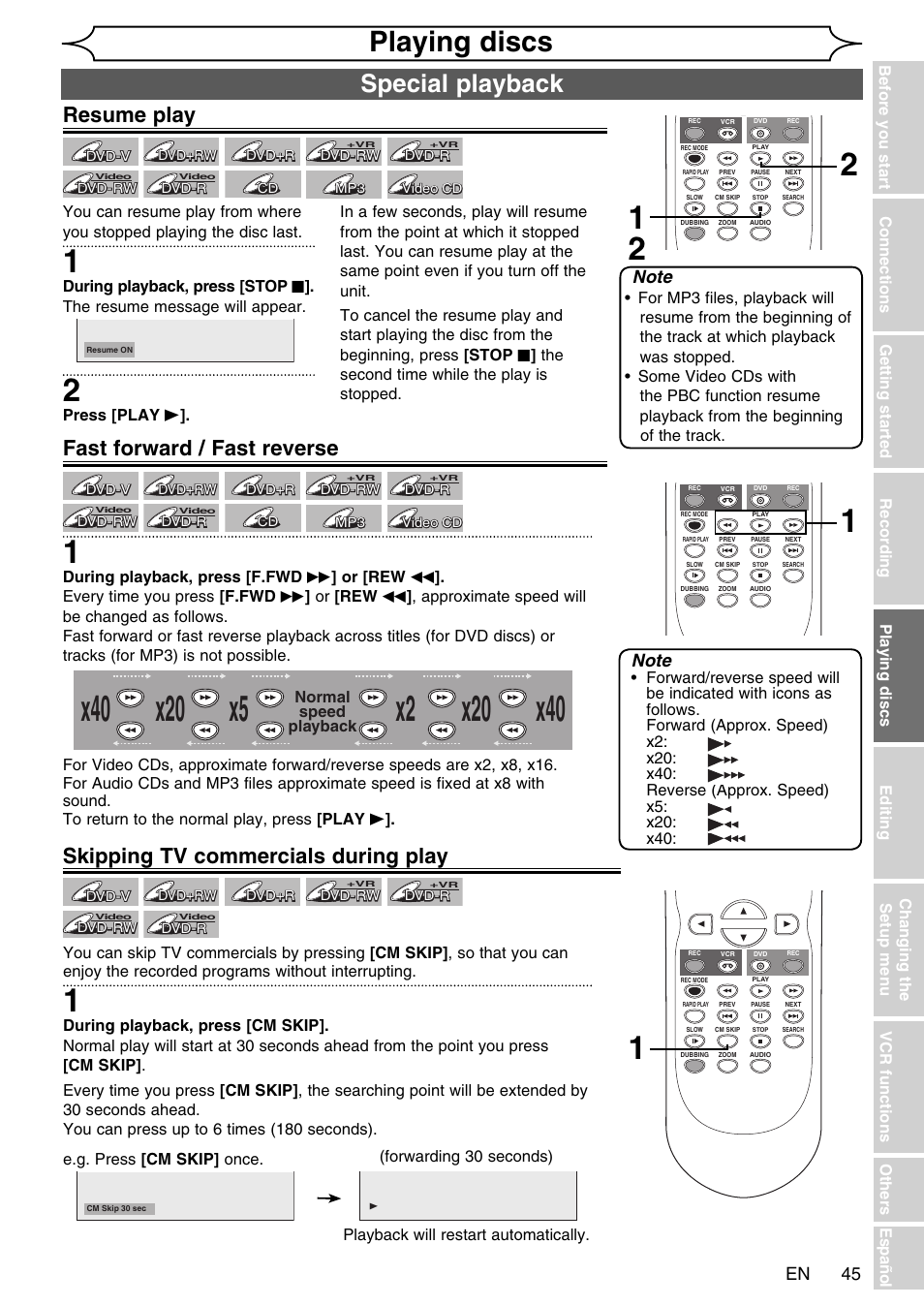 Playing discs, Special playback, Resume play | Fast forward / fast reverse, Skipping tv commercials during play | FUNAI SV2000 WV20V6 User Manual | Page 45 / 90