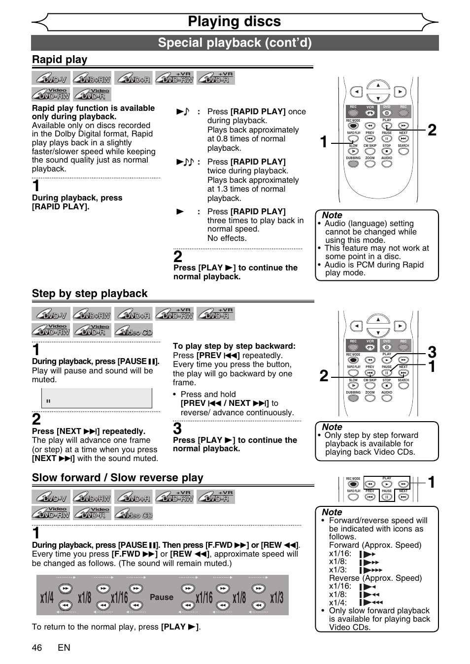 X1/8, Playing discs, Special playback (cont’d) | Step by step playback, Slow forward / slow reverse play, Rapid play, 46 en | FUNAI SV2000 WV20V6 User Manual | Page 46 / 90