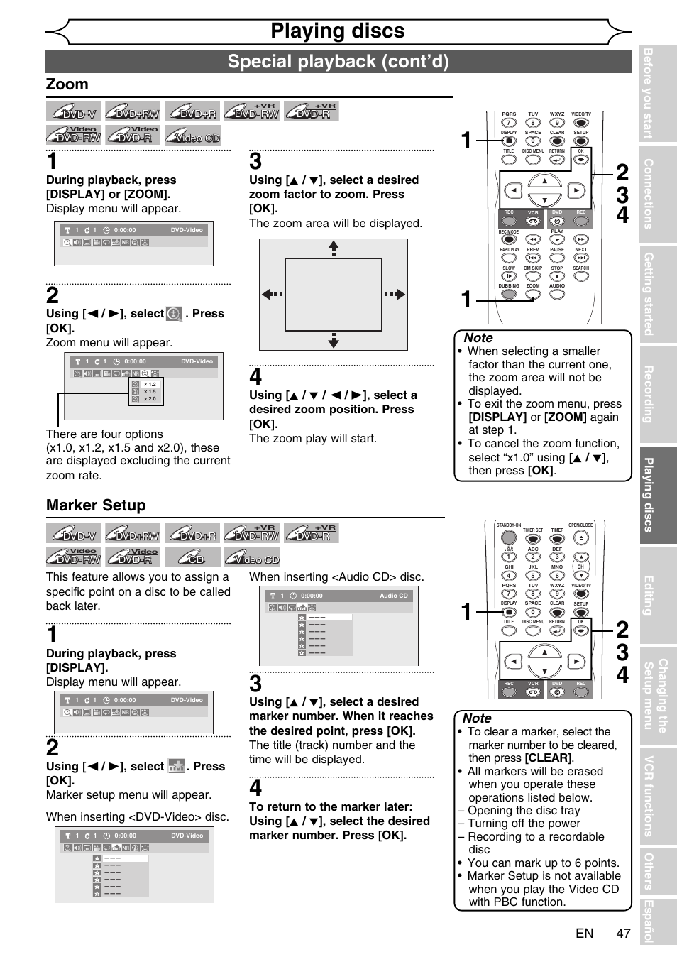 Playing discs, Special playback (cont’d), Zoom | Marker setup | FUNAI SV2000 WV20V6 User Manual | Page 47 / 90