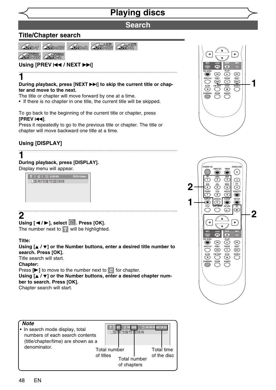 Playing discs, Search, Title/chapter search | 48 en, Using [prev h / next g, Using [display | FUNAI SV2000 WV20V6 User Manual | Page 48 / 90