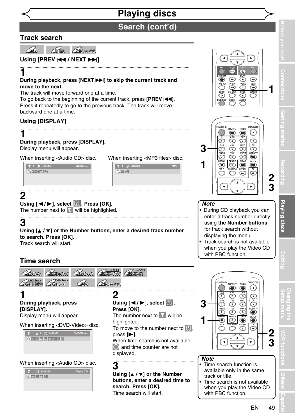 Playing discs, Search (cont’d), Track search | Time search, En using [display, Using [prev h / next g | FUNAI SV2000 WV20V6 User Manual | Page 49 / 90