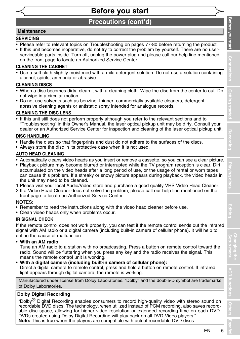 Before you start, Precautions (cont’d) | FUNAI SV2000 WV20V6 User Manual | Page 5 / 90