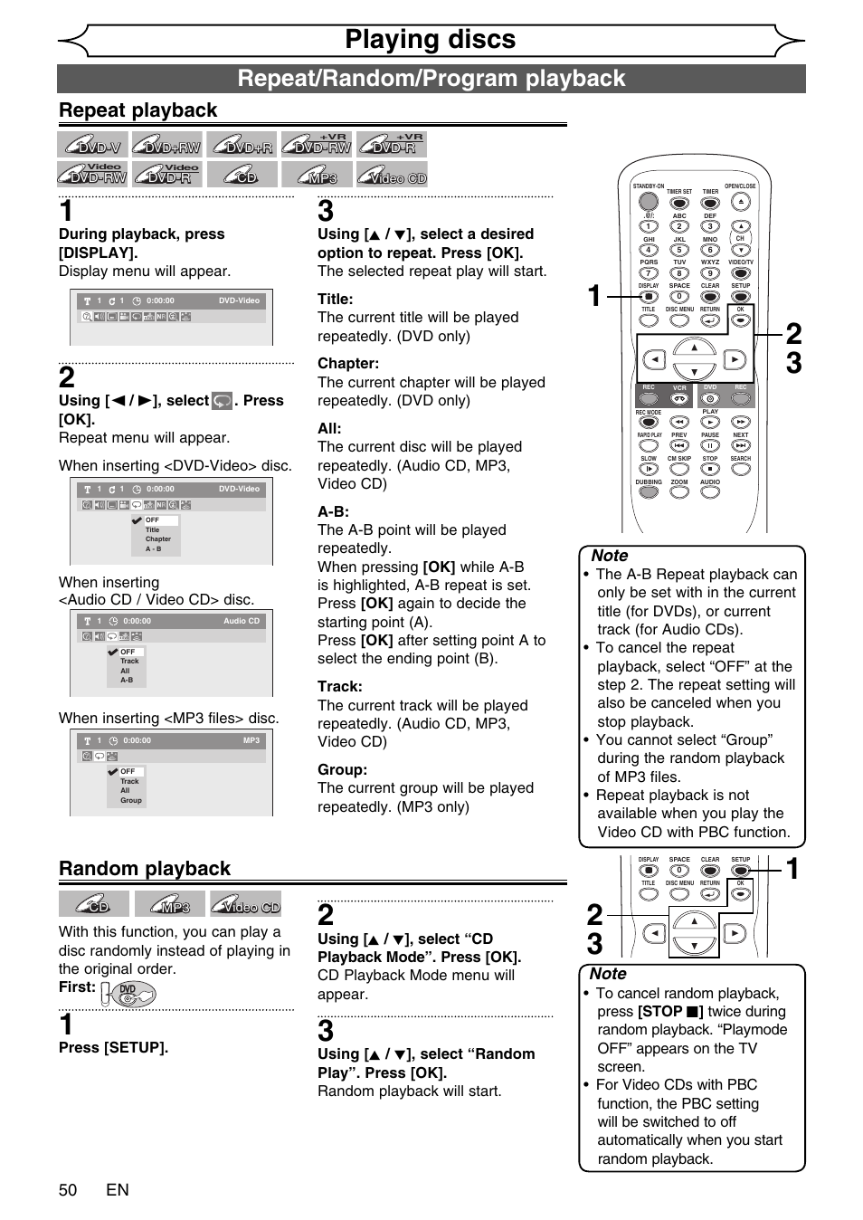 Playing discs, Repeat/random/program playback, Repeat playback | Random playback, 50 en, Press [setup | FUNAI SV2000 WV20V6 User Manual | Page 50 / 90