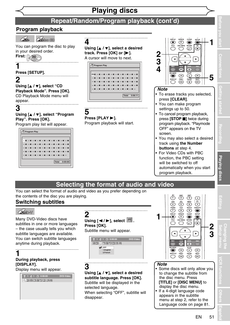 Playing discs, Selecting the format of audio and video, Repeat/random/program playback (cont’d) | Program playback, Switching subtitles, Press [setup, Press [play b ]. program playback will start | FUNAI SV2000 WV20V6 User Manual | Page 51 / 90