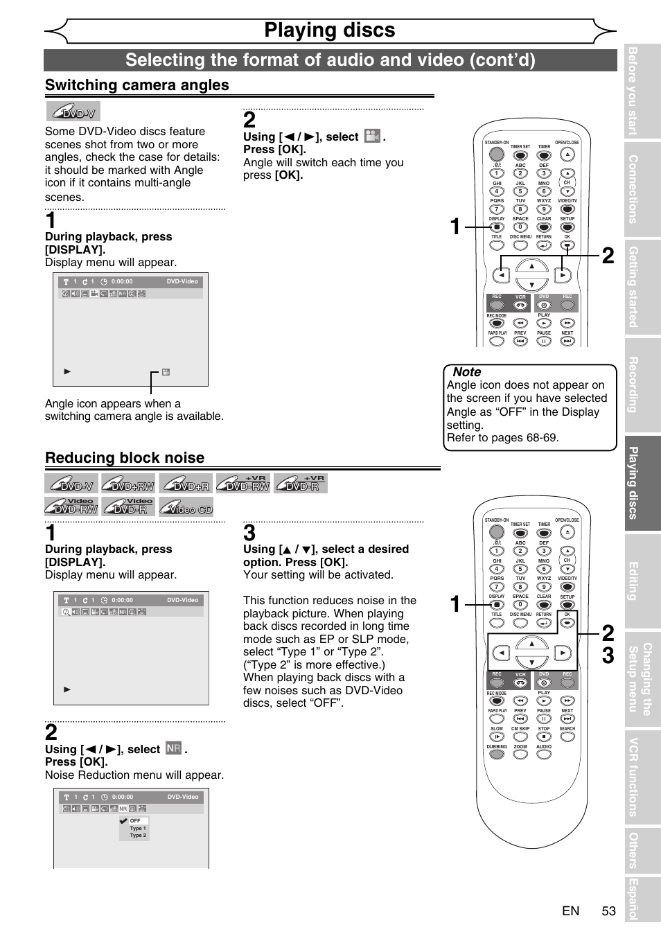 Playing discs, Selecting the format of audio and video (cont’d), Switching camera angles | Reducing block noise | FUNAI SV2000 WV20V6 User Manual | Page 53 / 90
