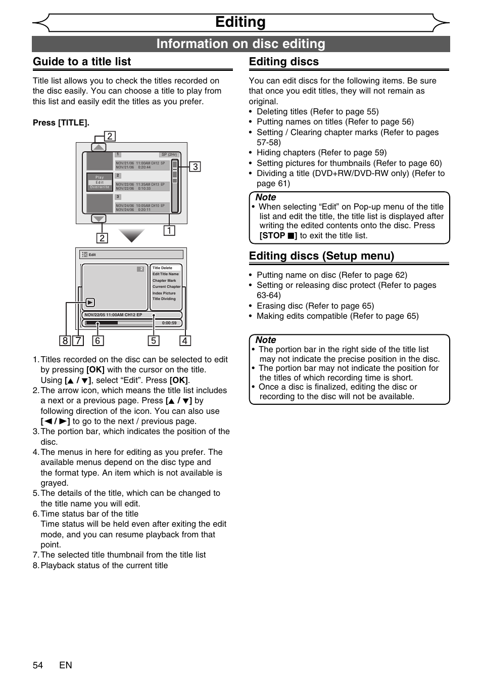 Editing, Information on disc editing, Guide to a title list | Editing discs, Editing discs (setup menu), 54 en | FUNAI SV2000 WV20V6 User Manual | Page 54 / 90