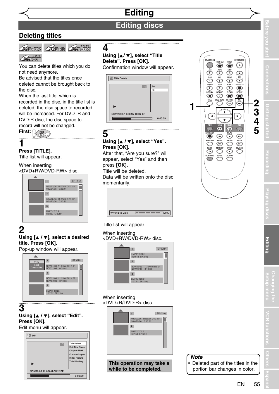 Editing, Editing discs, Deleting titles | This operation may take a while to be completed | FUNAI SV2000 WV20V6 User Manual | Page 55 / 90