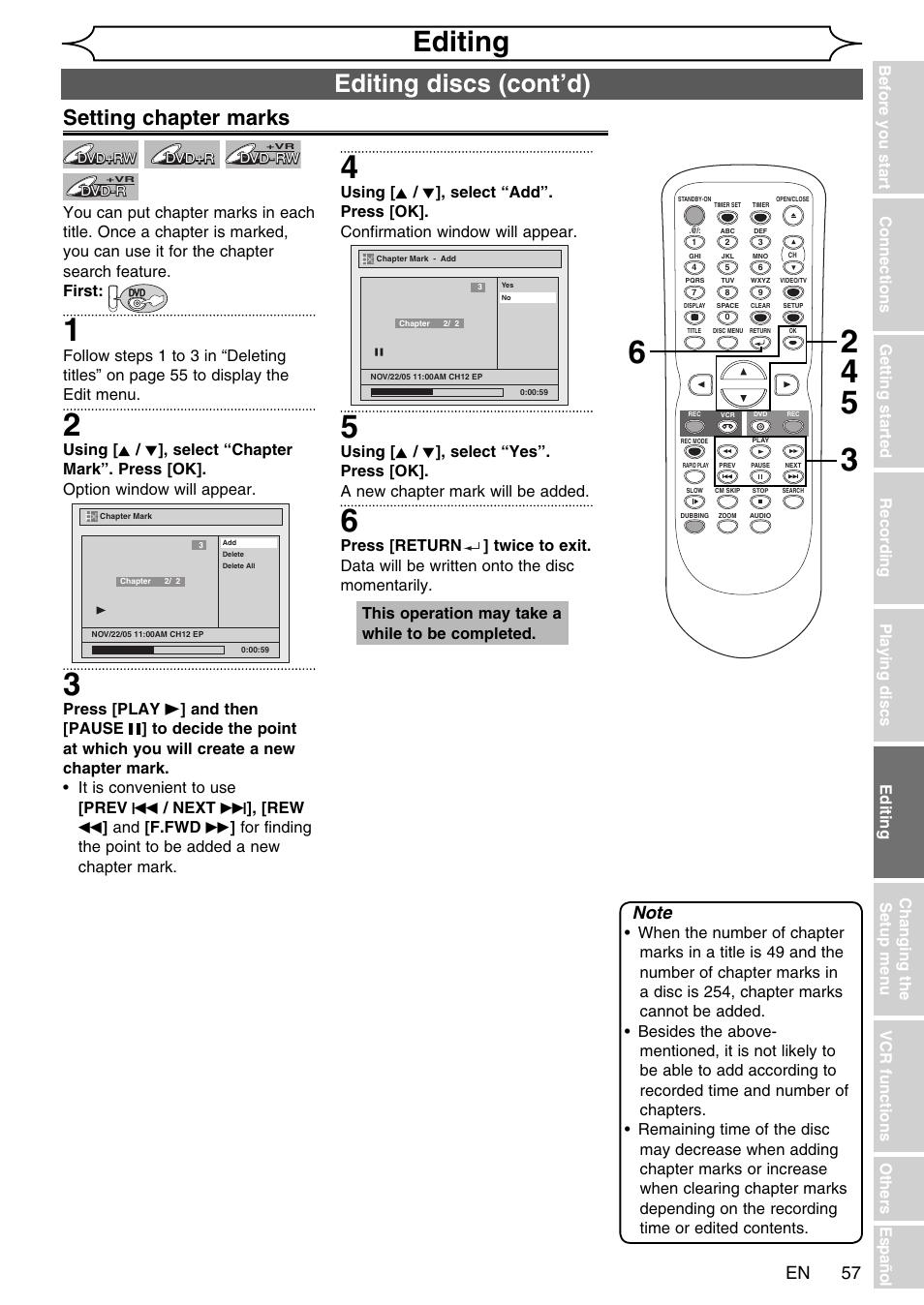 Editing, Editing discs (cont’d), Setting chapter marks | FUNAI SV2000 WV20V6 User Manual | Page 57 / 90