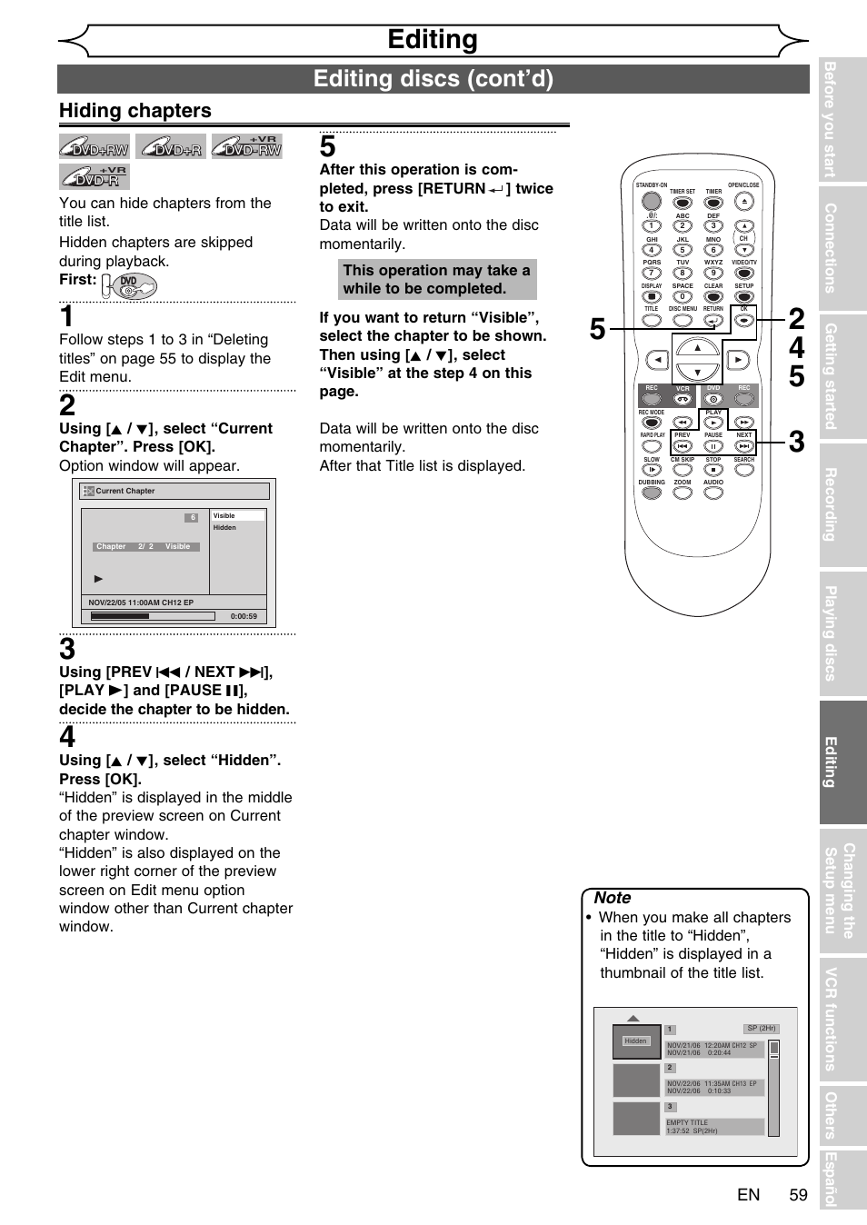 Editing, Editing discs (cont’d), Hiding chapters | This operation may take a while to be completed | FUNAI SV2000 WV20V6 User Manual | Page 59 / 90