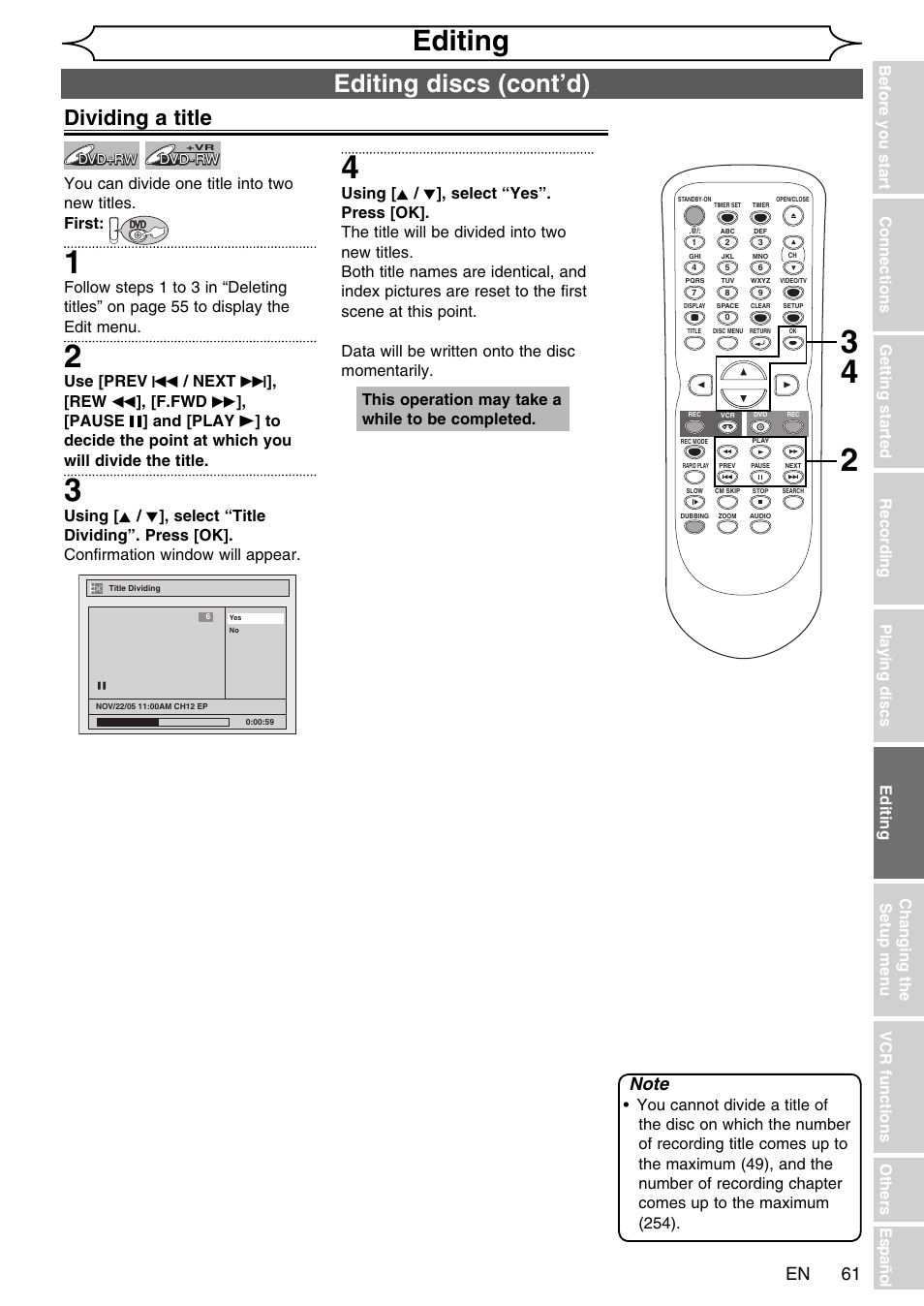 Editing, Editing discs (cont’d), Dividing a title | FUNAI SV2000 WV20V6 User Manual | Page 61 / 90