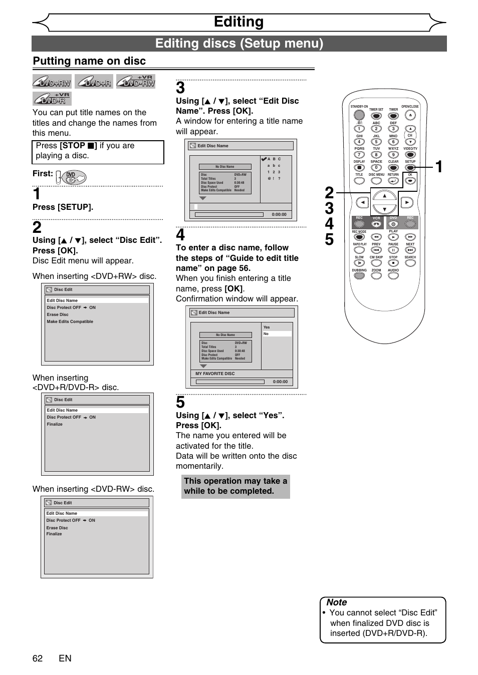 Editing, Editing discs (setup menu), Putting name on disc | 62 en, Press [setup, Press [stop c ] if you are playing a disc, This operation may take a while to be completed | FUNAI SV2000 WV20V6 User Manual | Page 62 / 90