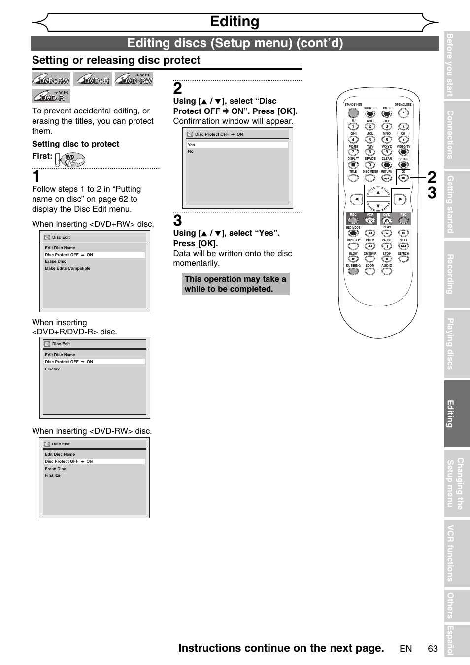 Editing, Editing discs (setup menu) (cont’d), Setting or releasing disc protect | Instructions continue on the next page, This operation may take a while to be completed | FUNAI SV2000 WV20V6 User Manual | Page 63 / 90