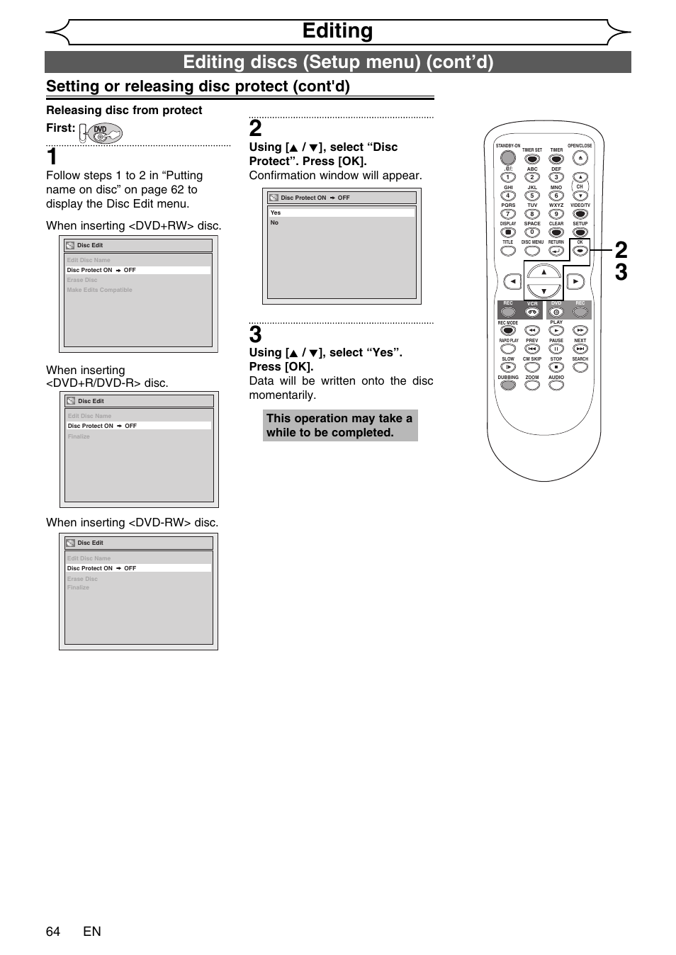 Editing, Editing discs (setup menu) (cont’d), Setting or releasing disc protect (cont'd) | 64 en, Releasing disc from protect first, This operation may take a while to be completed | FUNAI SV2000 WV20V6 User Manual | Page 64 / 90