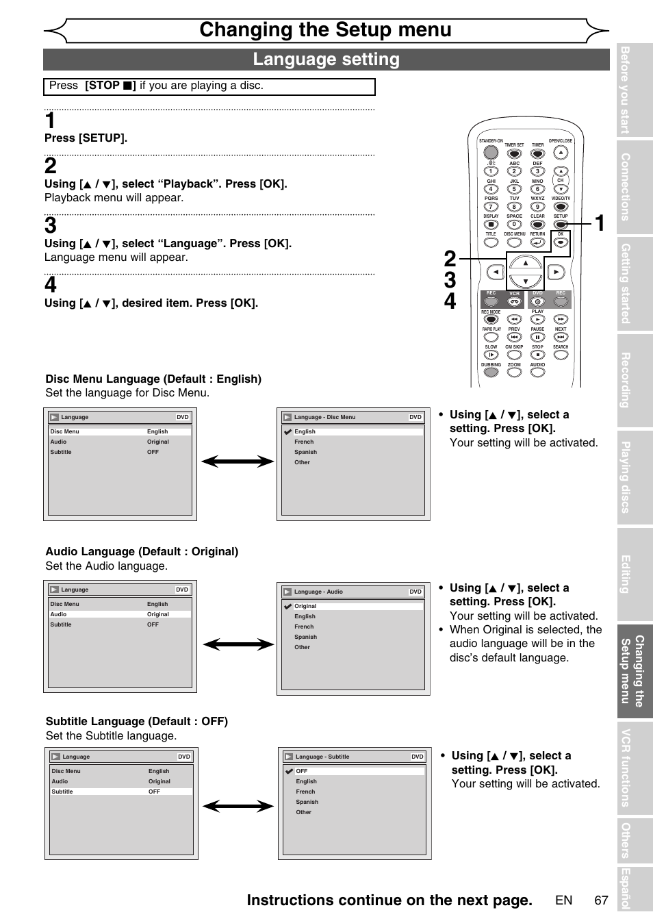 Changing the setup menu, Language setting, Instructions continue on the next page | Press [setup | FUNAI SV2000 WV20V6 User Manual | Page 67 / 90