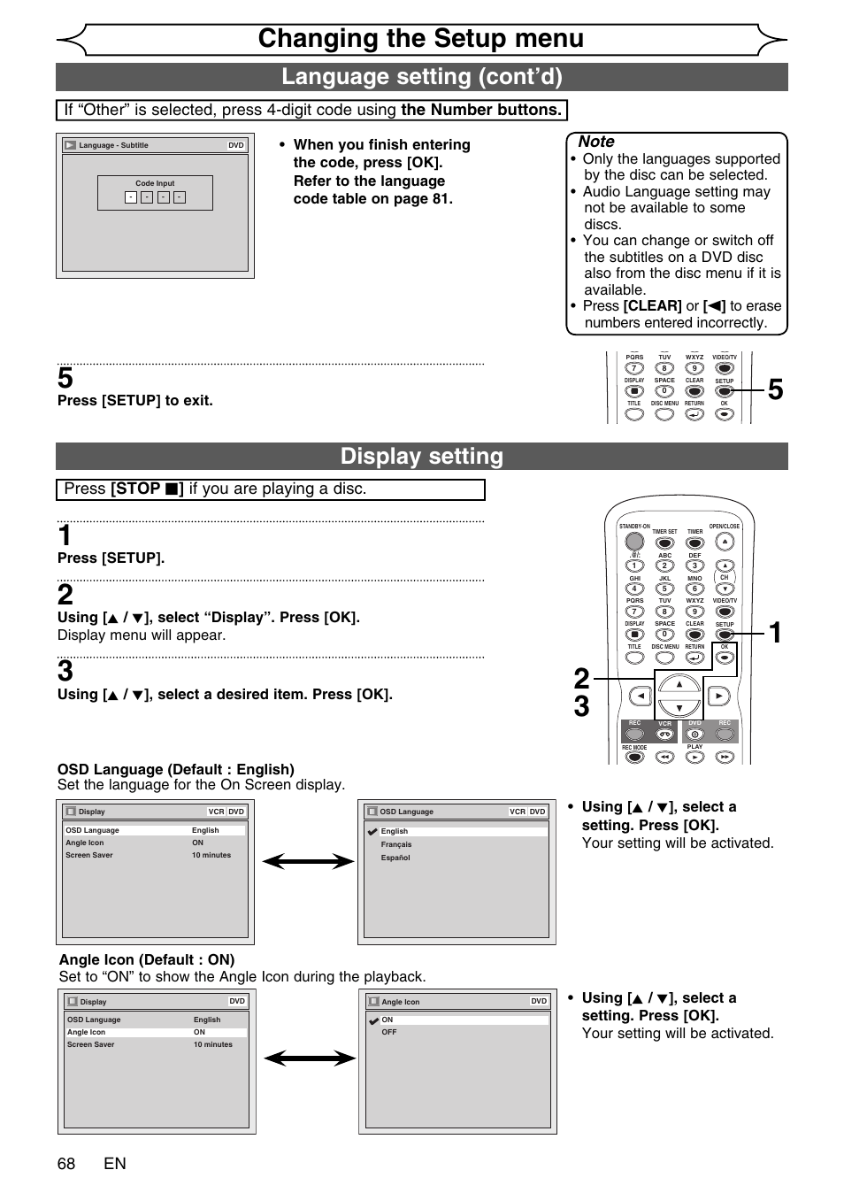 Changing the setup menu, Display setting, Language setting (cont’d) | 68 en, Press [stop c ] if you are playing a disc, Press [setup] to exit, Press [setup, Using [ k / l ], select a desired item. press [ok | FUNAI SV2000 WV20V6 User Manual | Page 68 / 90