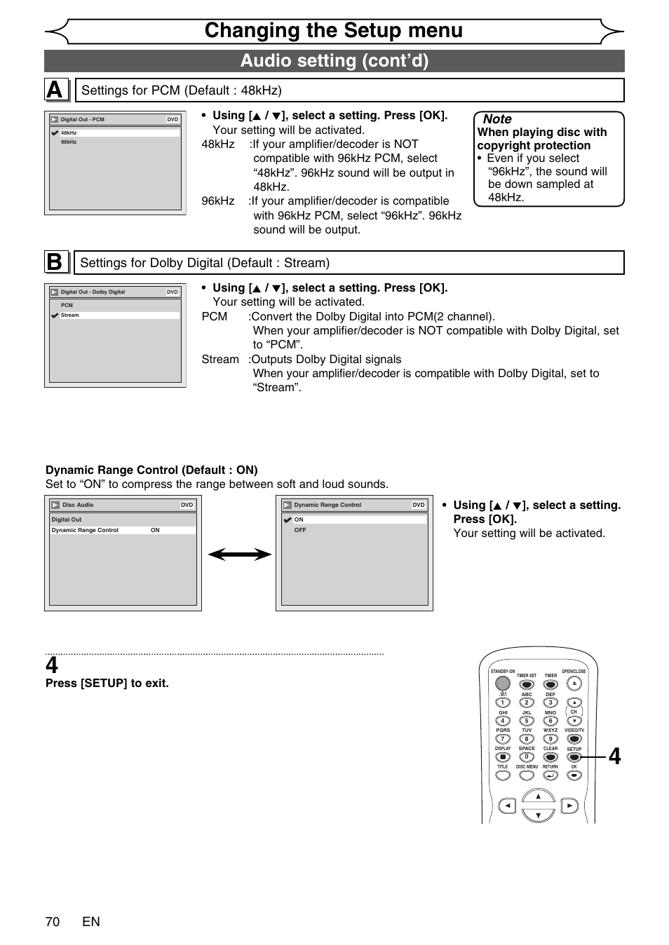 Changing the setup menu, Audio setting (cont’d), 70 en | Settings for dolby digital (default : stream), Settings for pcm (default : 48khz), Press [setup] to exit | FUNAI SV2000 WV20V6 User Manual | Page 70 / 90