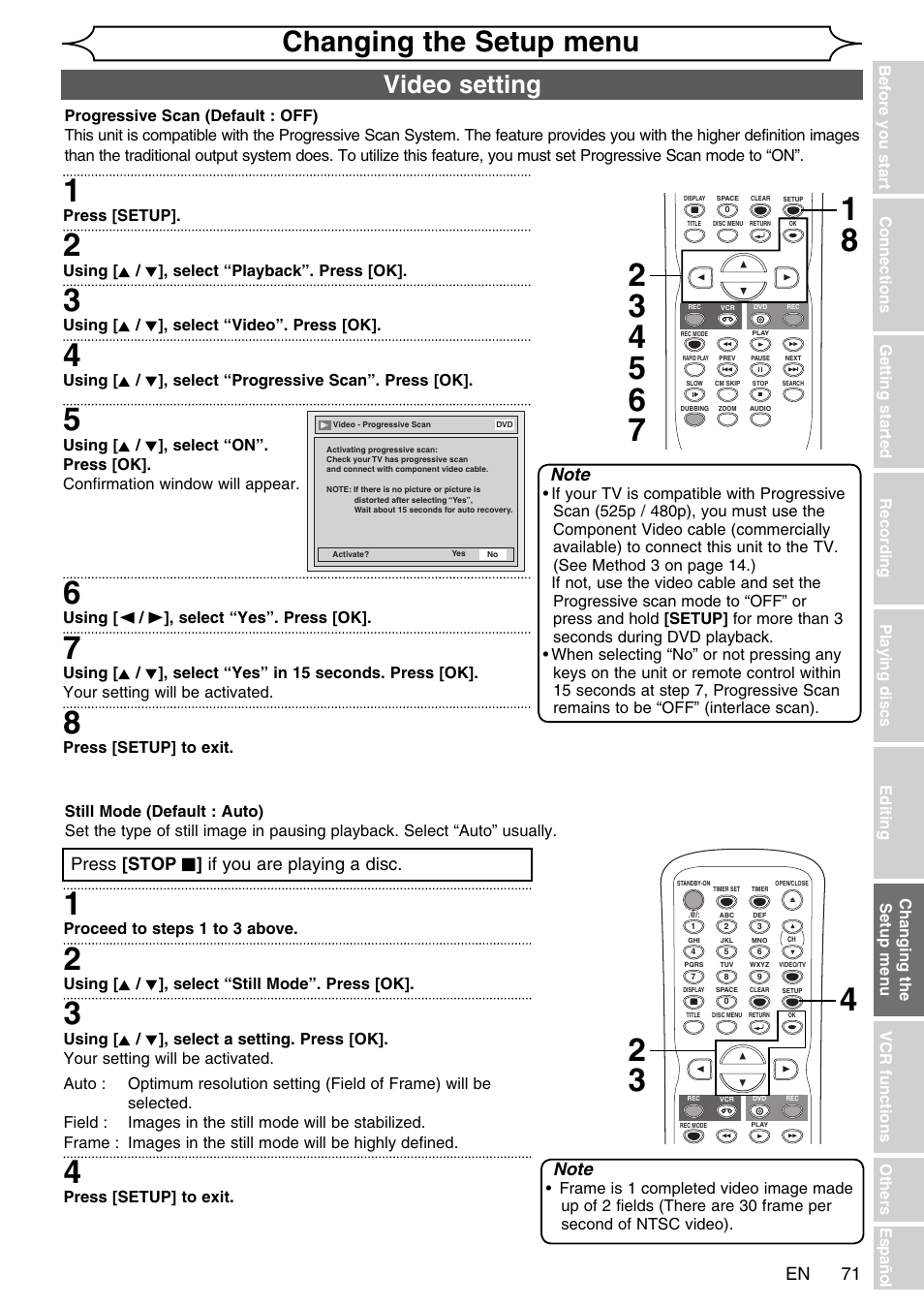 Changing the setup menu, Video setting | FUNAI SV2000 WV20V6 User Manual | Page 71 / 90