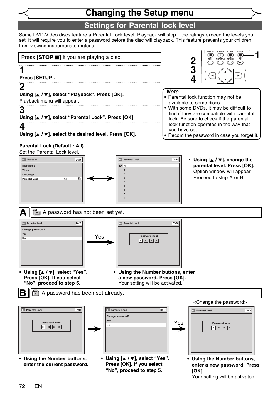 Changing the setup menu, Settings for parental lock level, Press [stop c ] if you are playing a disc | A password has not been set yet, A password has been set already | FUNAI SV2000 WV20V6 User Manual | Page 72 / 90
