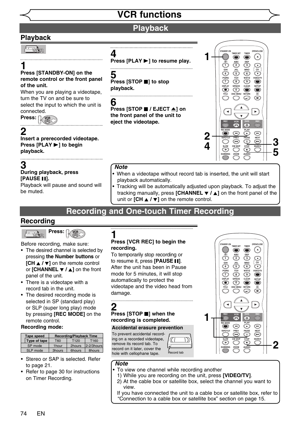 Vcr functions, Playback, Recording and one-touch timer recording | Recording, 74 en, Press [play b ] to resume play, Press [stop c ] to stop playback, Press, Press [stop c ] when the recording is completed | FUNAI SV2000 WV20V6 User Manual | Page 74 / 90