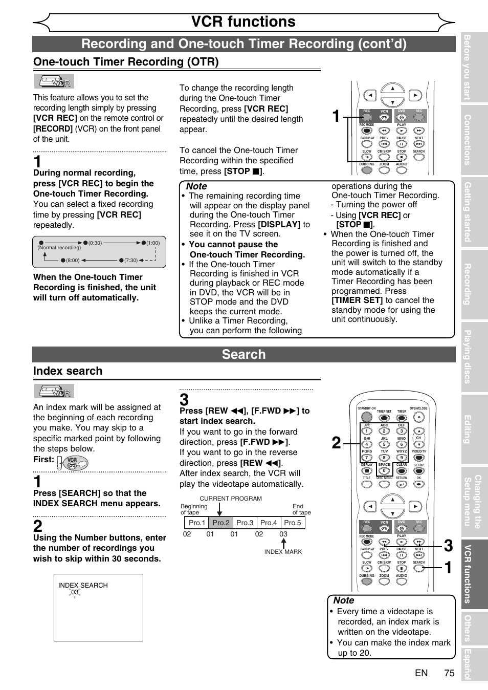 Vcr functions, Recording and one-touch timer recording (cont’d), Search | One-touch timer recording (otr), Index search | FUNAI SV2000 WV20V6 User Manual | Page 75 / 90