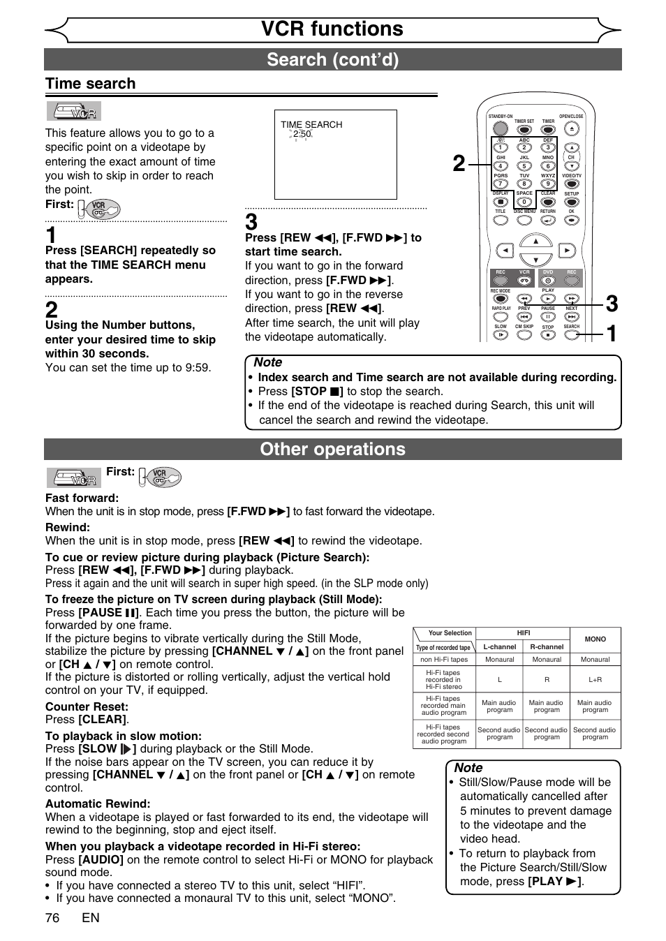 Vcr functions, Other operations, Search (cont’d) | Time search, 76 en, First | FUNAI SV2000 WV20V6 User Manual | Page 76 / 90