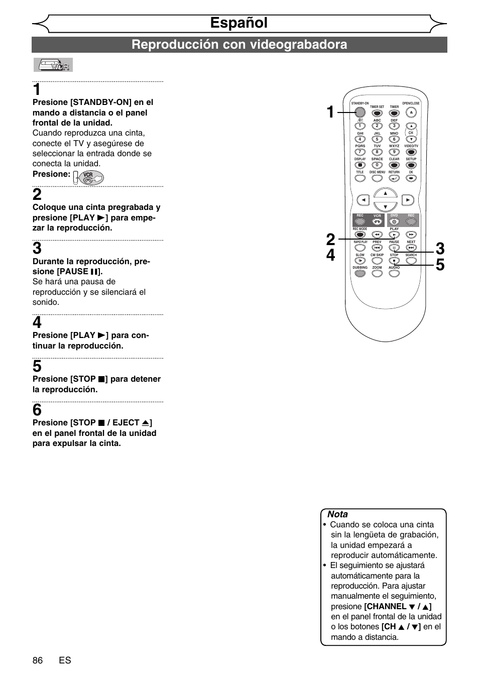 Español, Reproducción con videograbadora, 86 es | Nota | FUNAI SV2000 WV20V6 User Manual | Page 86 / 90