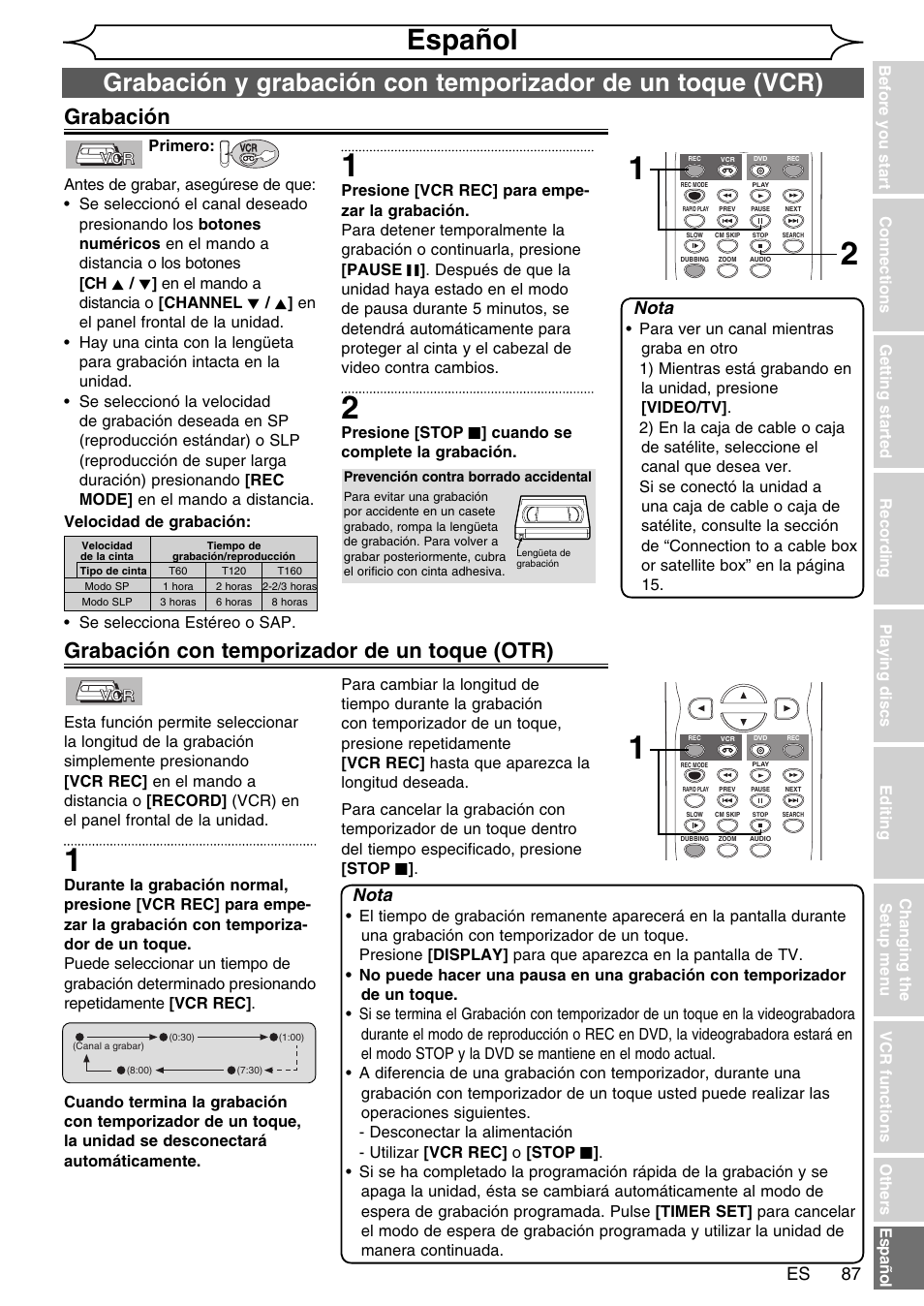 Español, Grabación con temporizador de un toque (otr), Grabación | Nota | FUNAI SV2000 WV20V6 User Manual | Page 87 / 90