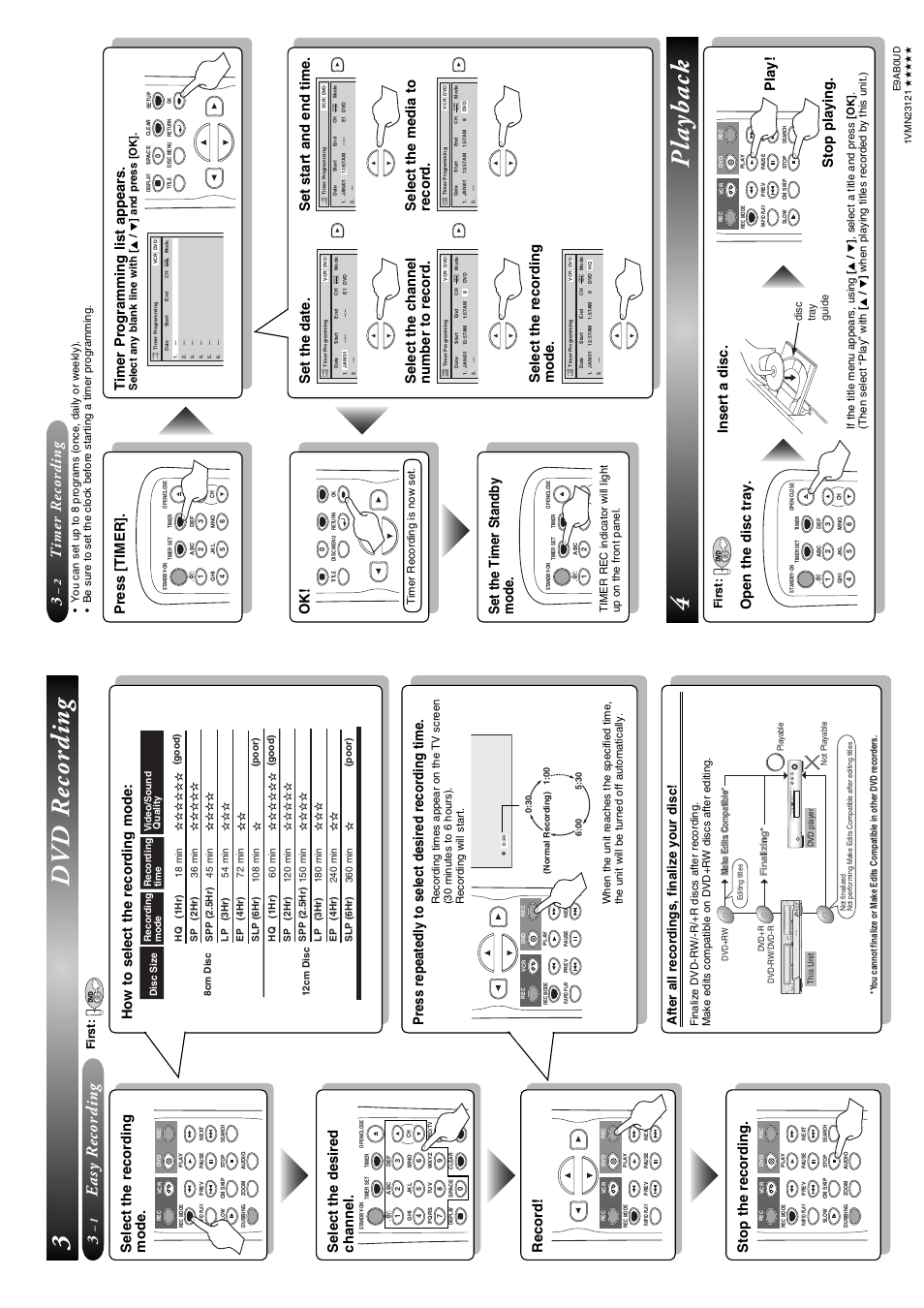 3dvd recording, 4playback, Easy recording | Timer recording, Press repeatedly to select desired recording time, Timer programming list appears, How to select the recording mode, Ok! set the timer standby mode, Open the disc tray. insert a disc, Play! stop playing | FUNAI SV2000 WV20V6 User Manual | Page 90 / 90