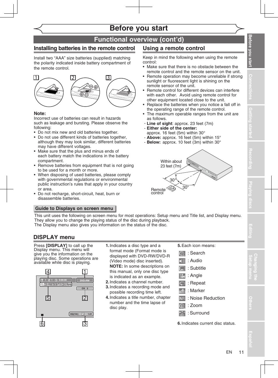 Before you start, Functional overview (cont’d), Using a remote control | Installing batteries in the remote control, Display menu | FUNAI MWR10D6 User Manual | Page 13 / 82