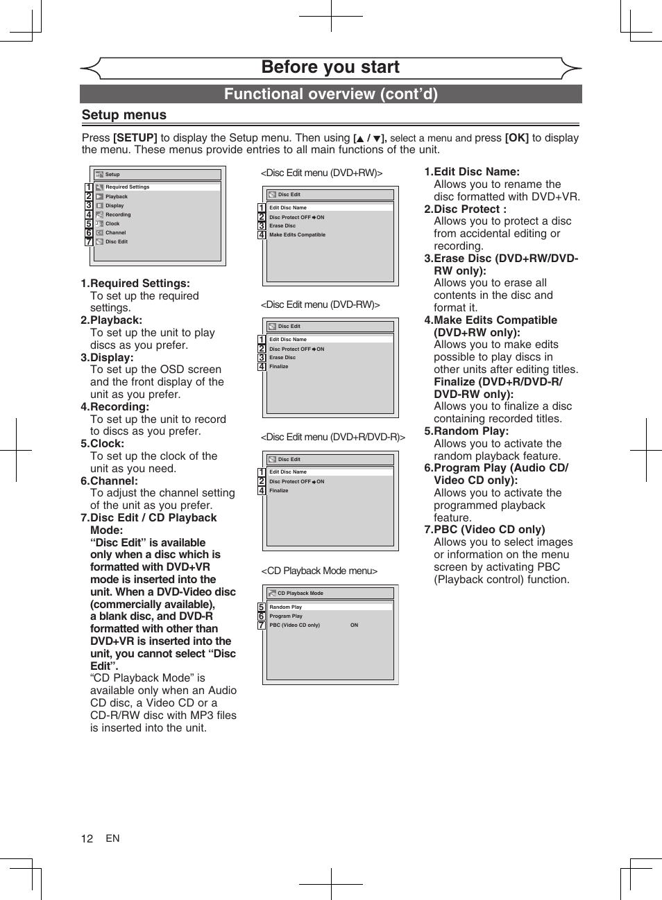 Before you start, Functional overview (cont’d), Setup menus | FUNAI MWR10D6 User Manual | Page 14 / 82