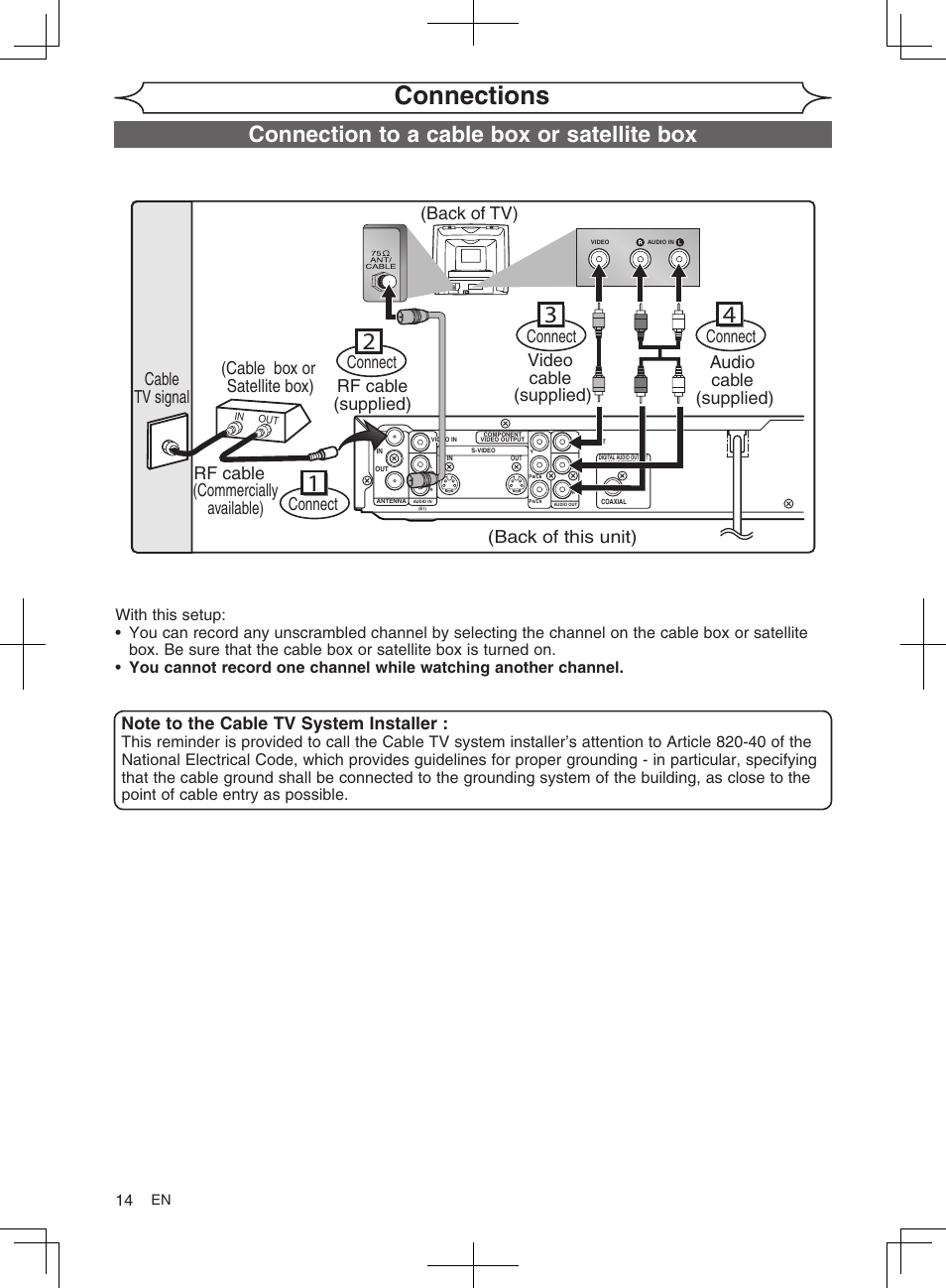 Connections, Connection to a cable box or satellite box | FUNAI MWR10D6 User Manual | Page 16 / 82
