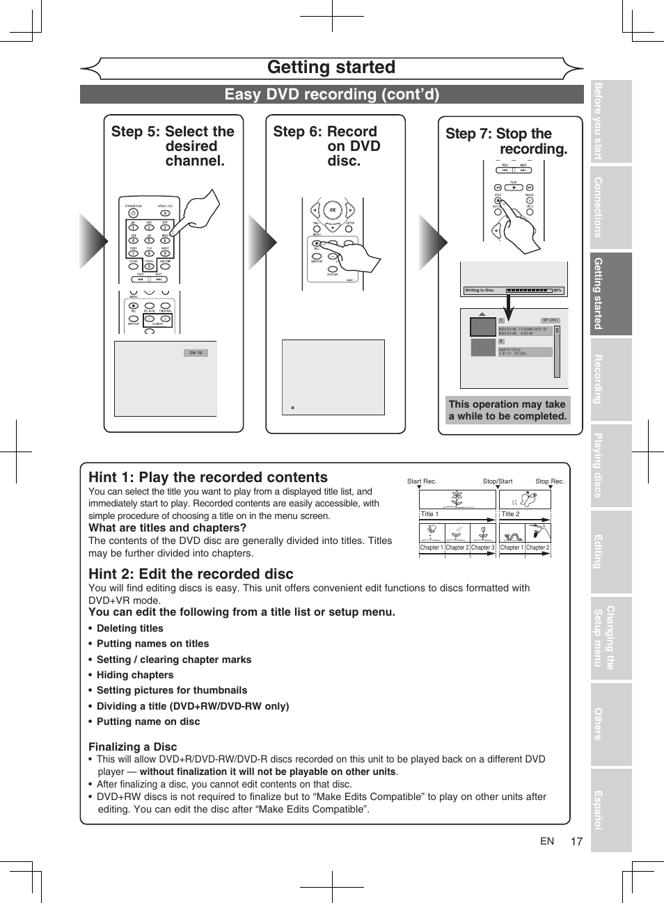 Getting started, Easy dvd recording (cont’d), Hint 1: play the recorded contents | Hint 2: edit the recorded disc | FUNAI MWR10D6 User Manual | Page 19 / 82