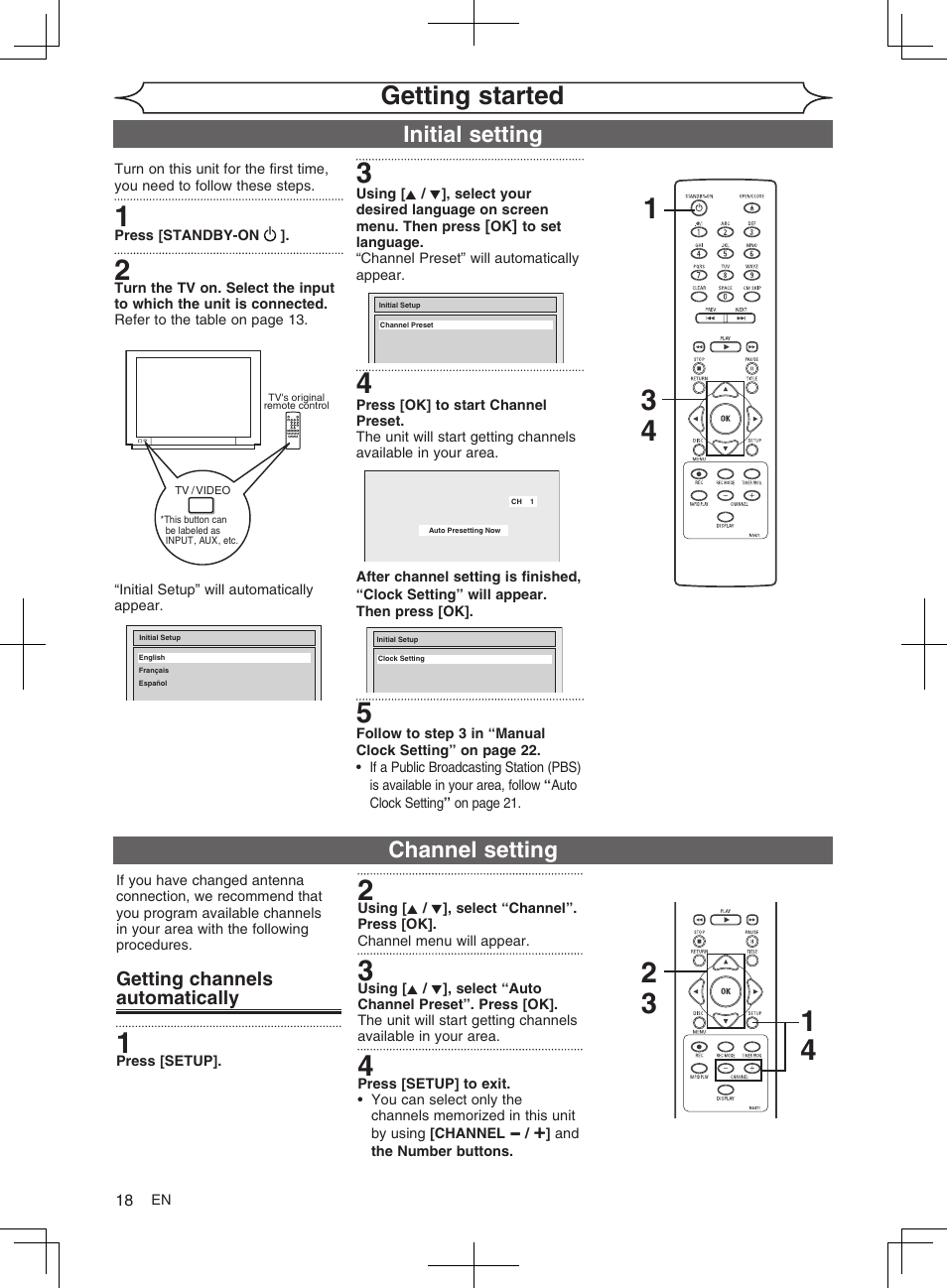 Getting started, Initial setting, Channel setting | FUNAI MWR10D6 User Manual | Page 20 / 82