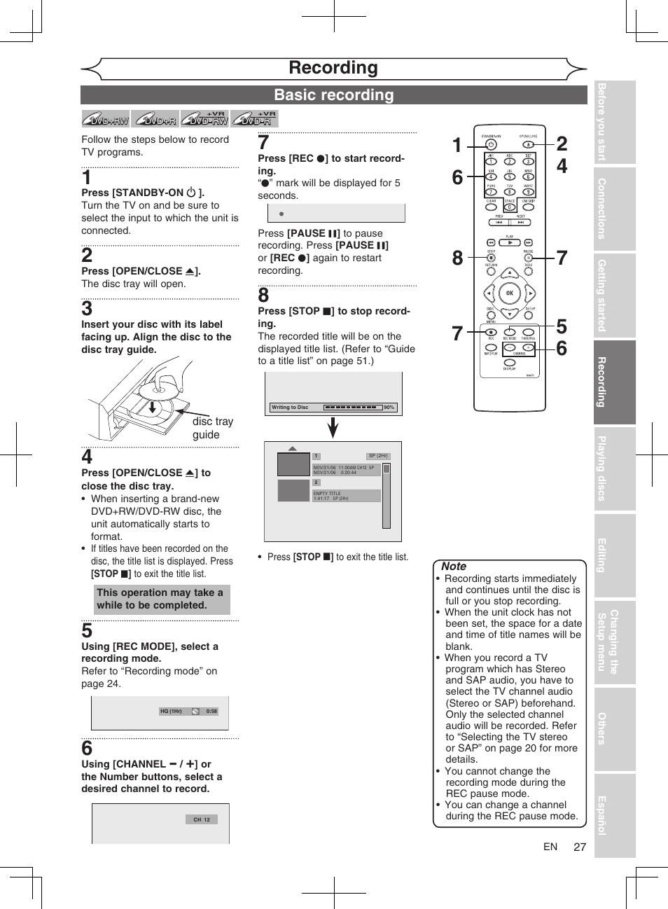 Recording, Basic recording | FUNAI MWR10D6 User Manual | Page 29 / 82