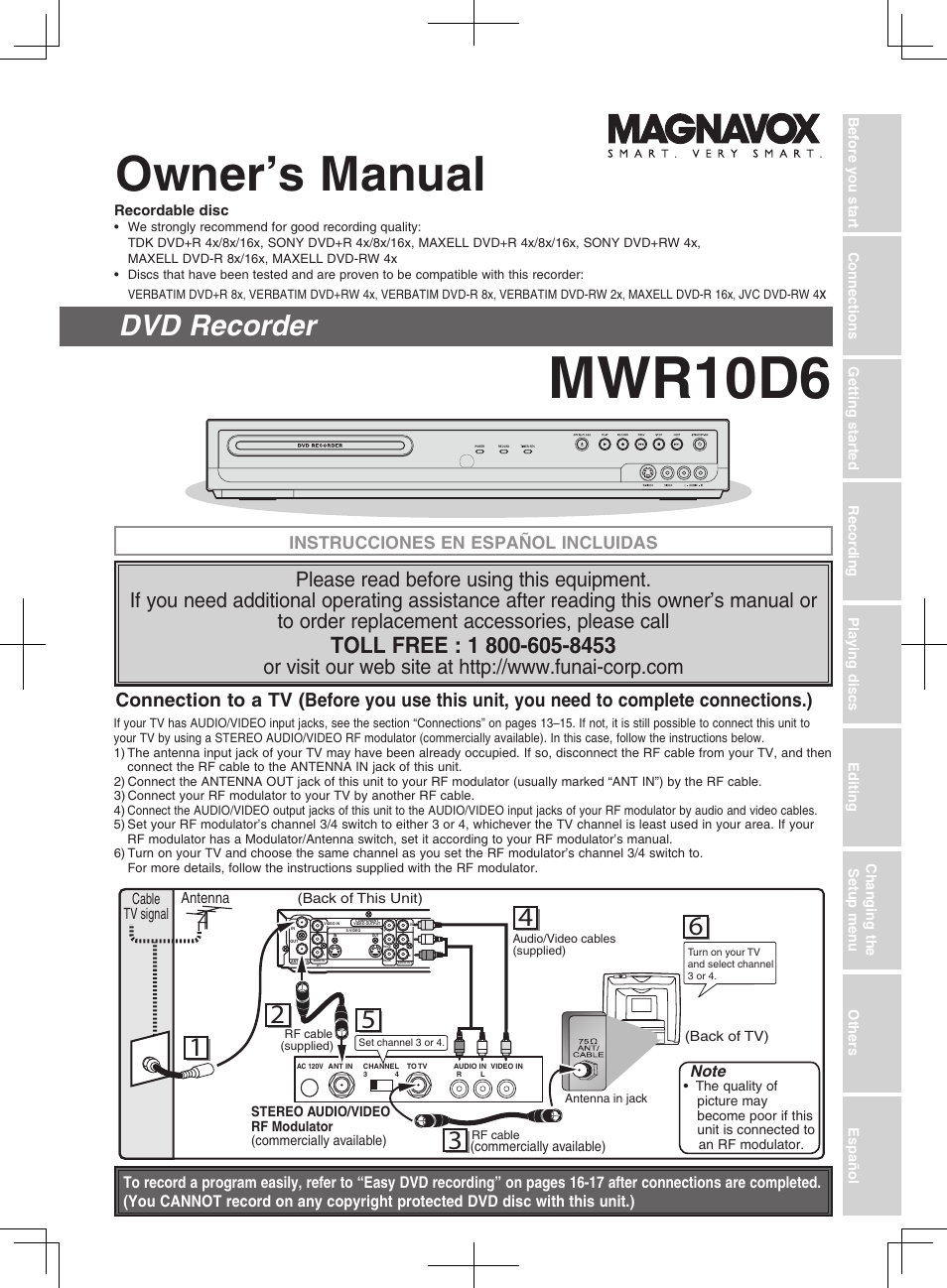 Mwr10d6, Owner’s manual, Dvd recorder | Instrucciones en español incluidas | FUNAI MWR10D6 User Manual | Page 3 / 82