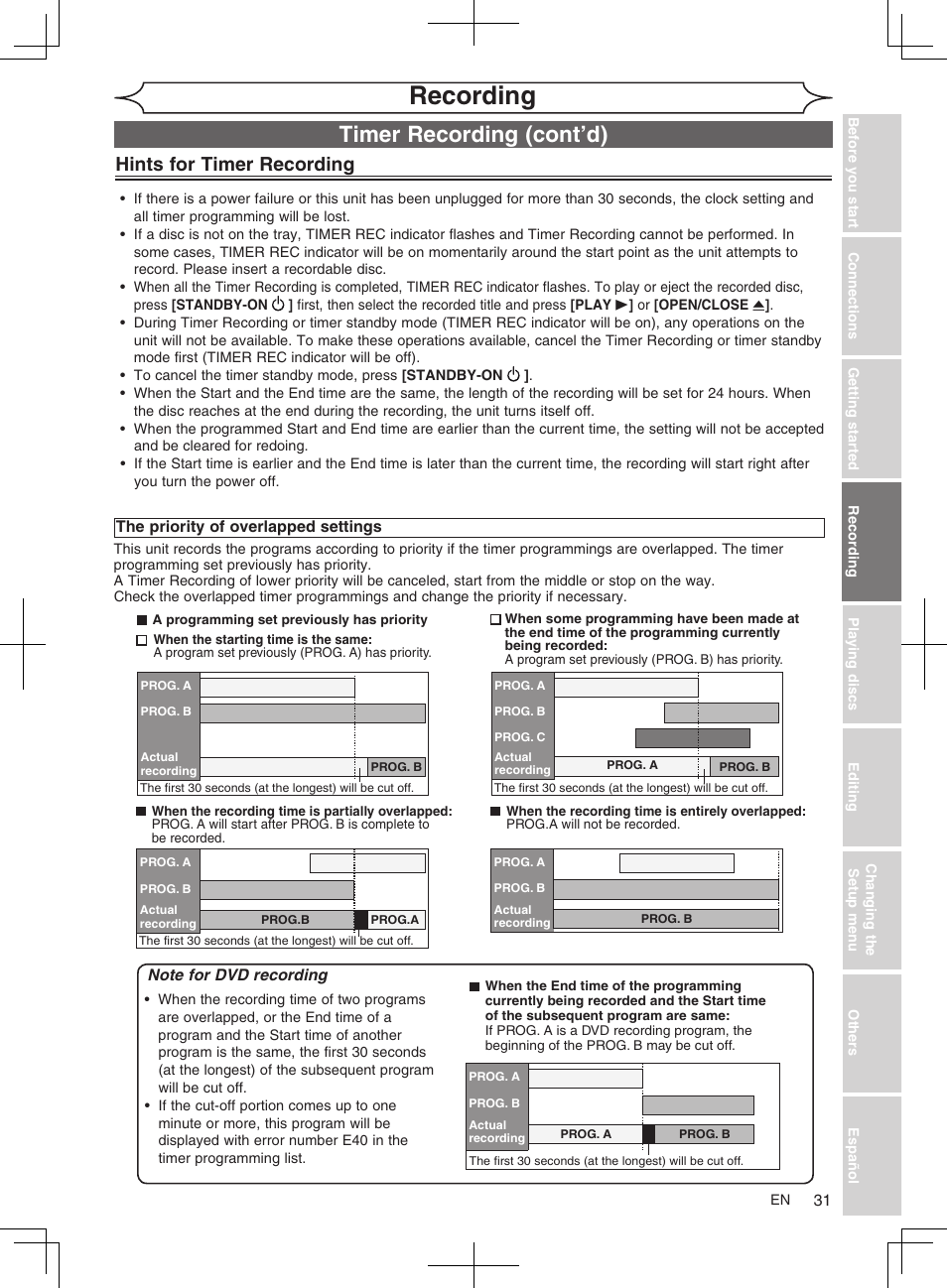 Recording, Timer recording (cont’d), Hints for timer recording | FUNAI MWR10D6 User Manual | Page 33 / 82